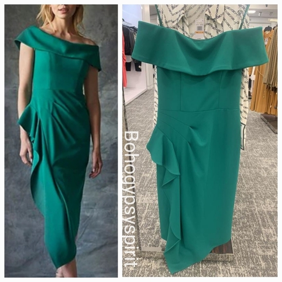 $239 Midi Green Off the Shoulder Scuba Crepe Side Ruched Dress - Picture 4 of 13